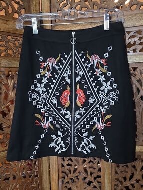 THML Black Mini Skirt with Embroidered Floral Front Zip